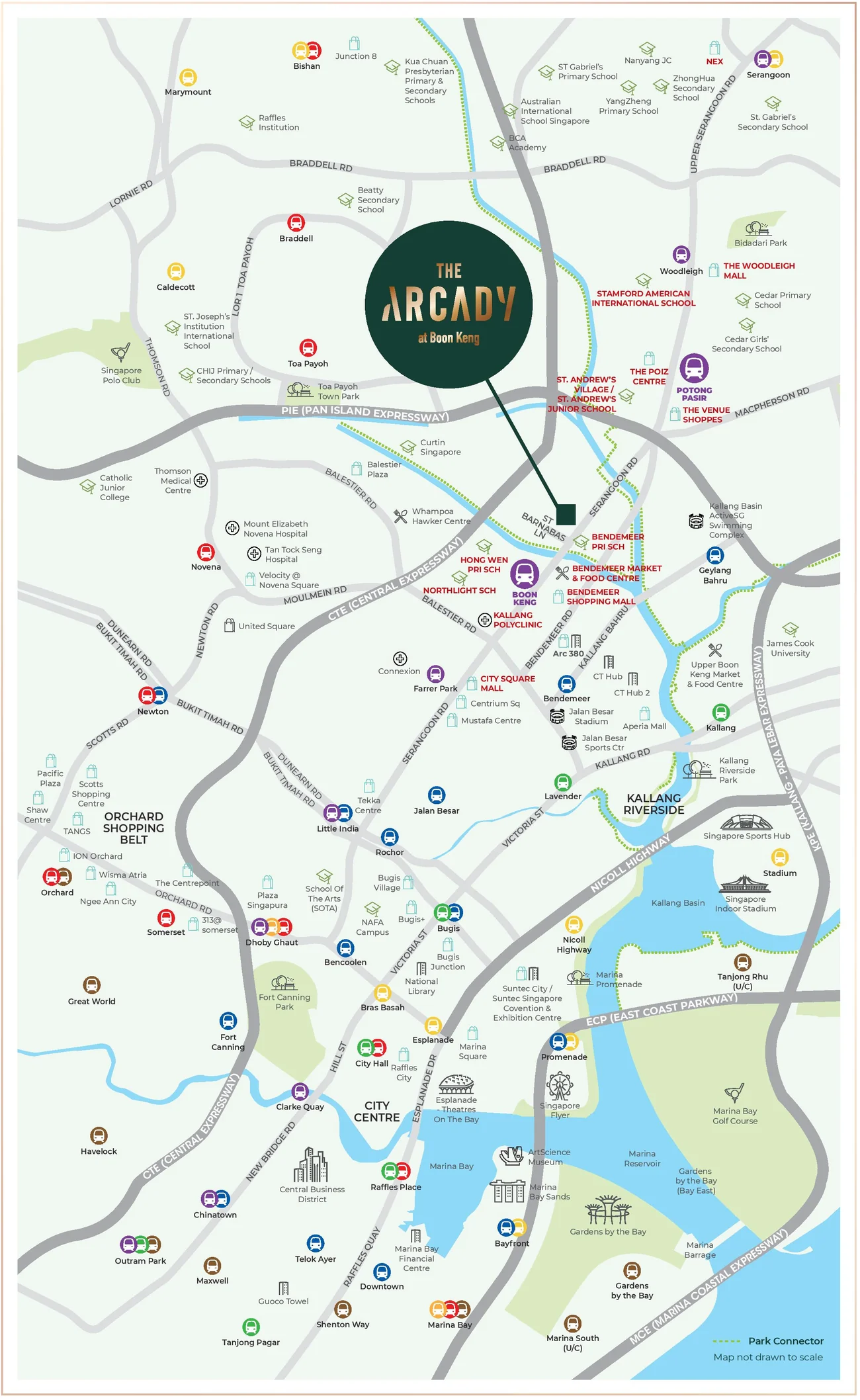 Location map showing The Arcady on Saint Barnabas Lane by Serangoon Road, with Boon Keng MRT, Bendemeer schools and food centre nearby, and the city centre and Marina Bay to the south.