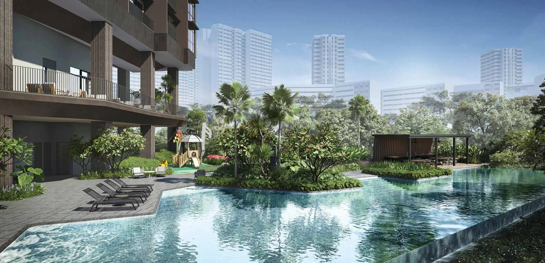The infinity pool on the first-storey landscape deck, edged with tropical planting and sun loungers.